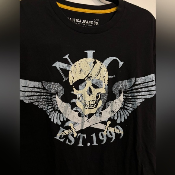 Nautica Jeans Co Mens Black Tee Blue White Skull Logo XL Short Sleeve Late 2000s - Picture 2 of 5